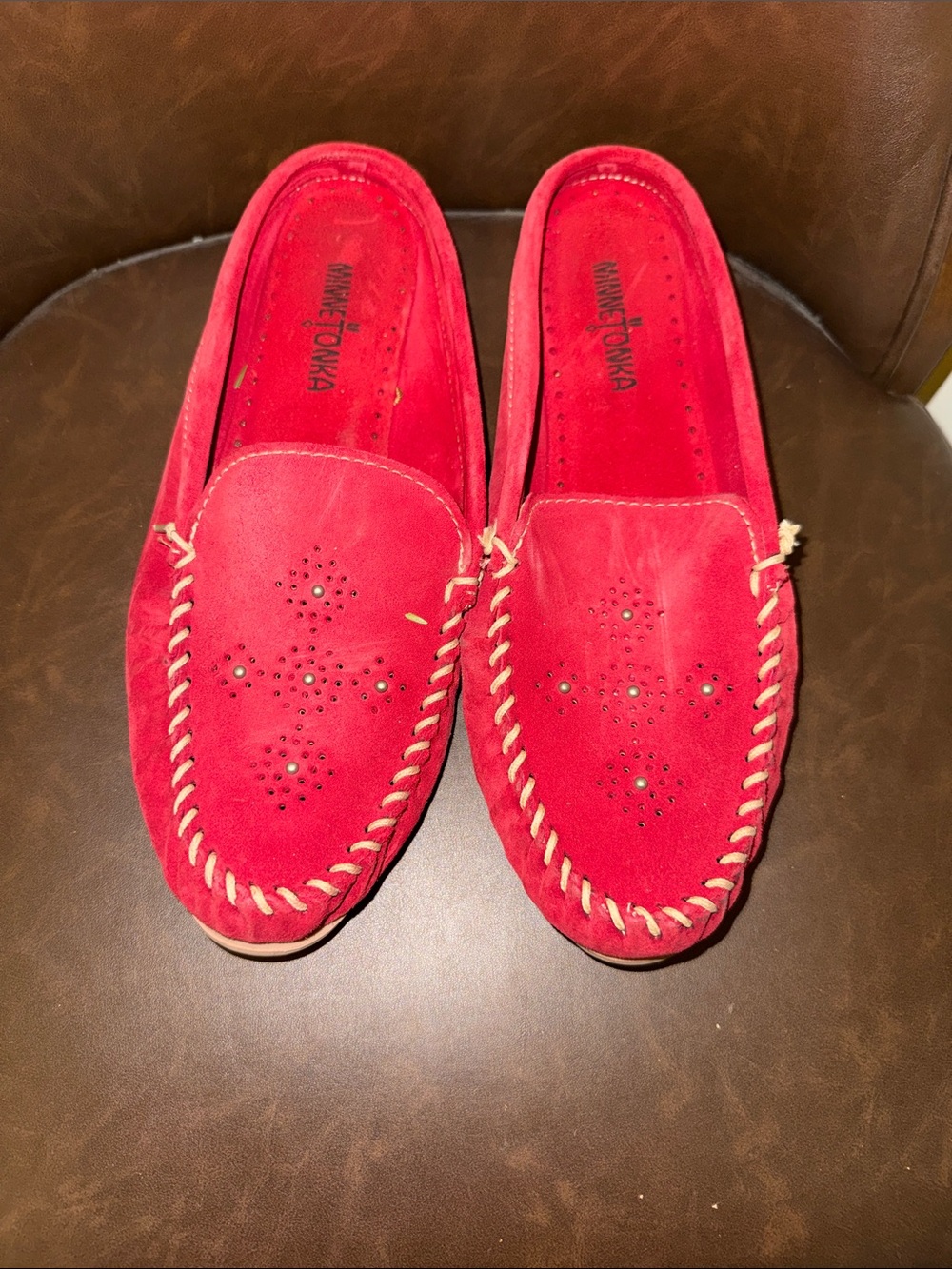 Minnetonka Red Suede Perforated Moccasin Slip-Ons